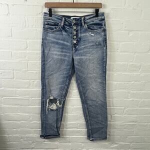 Women’s Distressed Button-Fly Blue Jeans